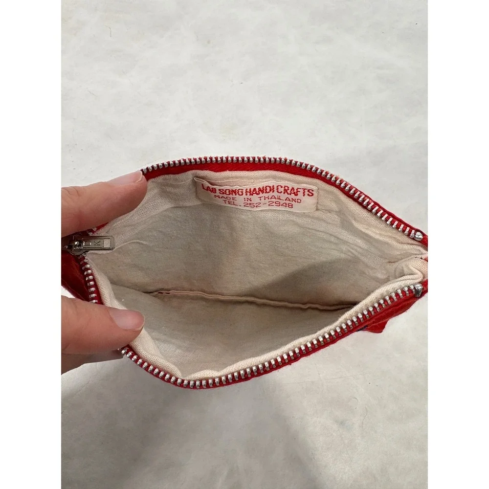 Vintage Lao Song Handicrafts Patchwork Zipper Pouch Red‎ Blue White Thailand Bag